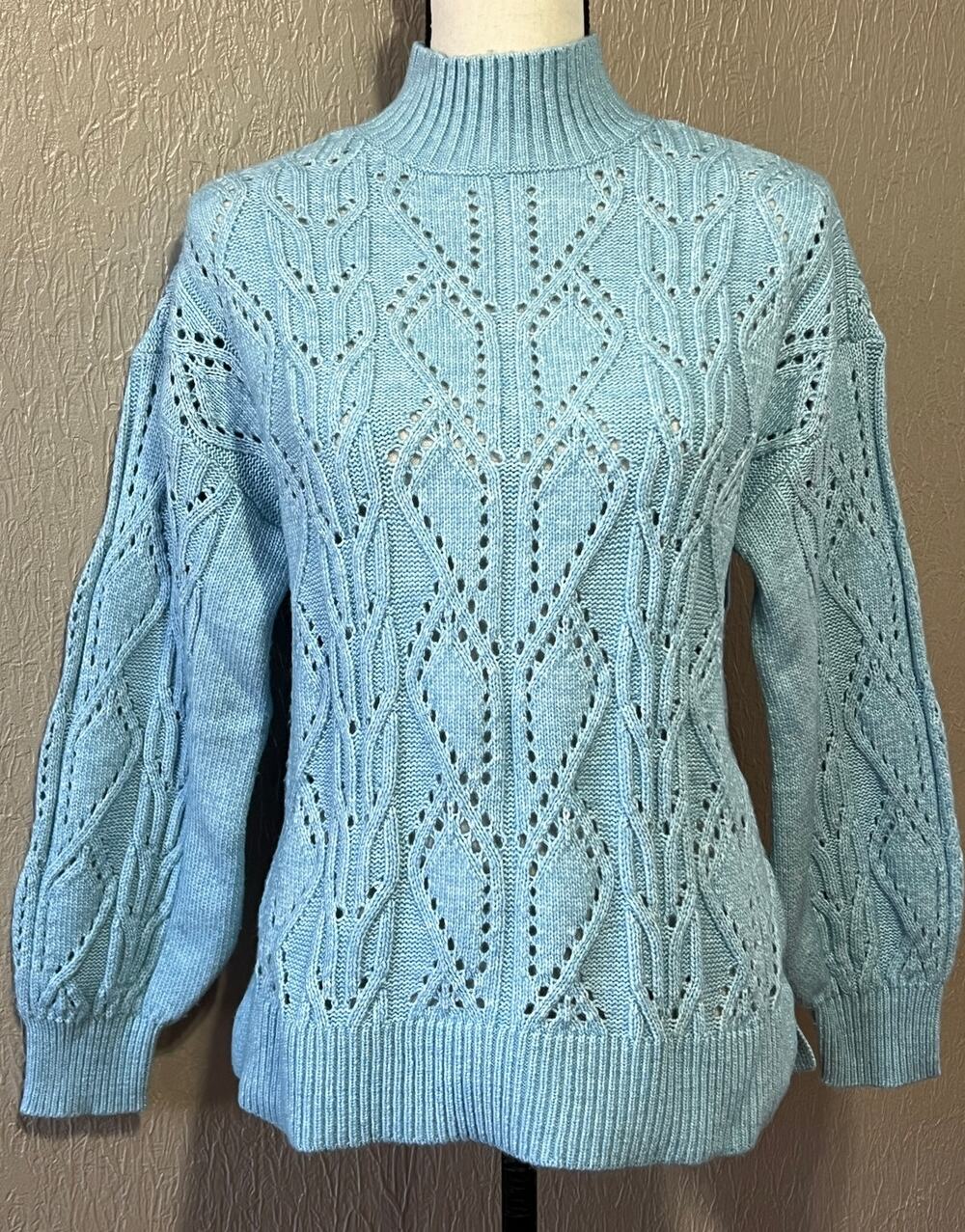 LOFT Knit Sweater Small Women's Wool Pointelle Mock Neck Soft Open Pullover Blue